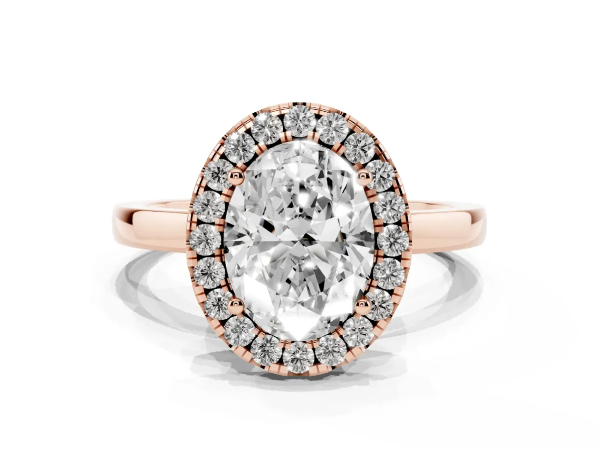 Oval Cut Halo Diamond Solitaire with Pavé Band and Four-Prong Setting Rose gold