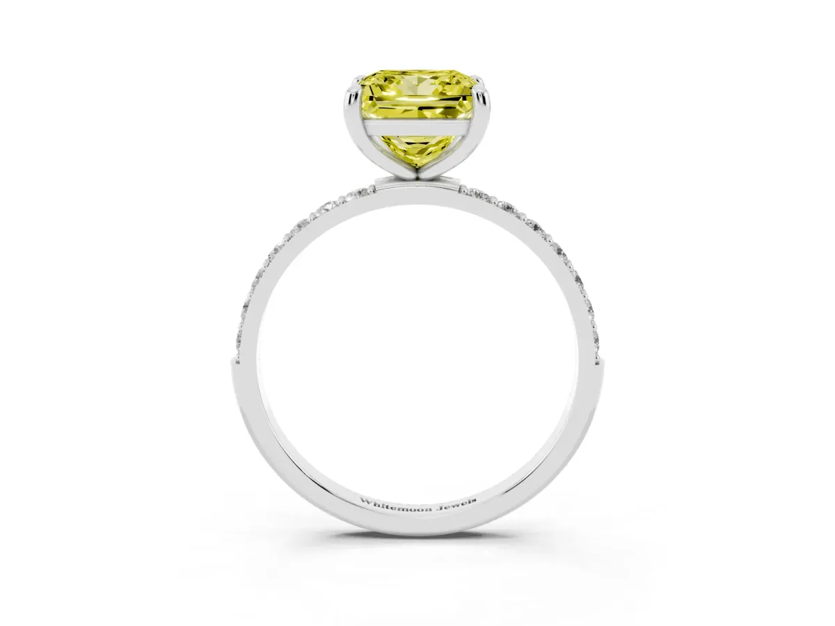 Fancy Yellow Princess Cut Diamond Solitaire Ring with Round Pavé Band and Prong Setting Silver
