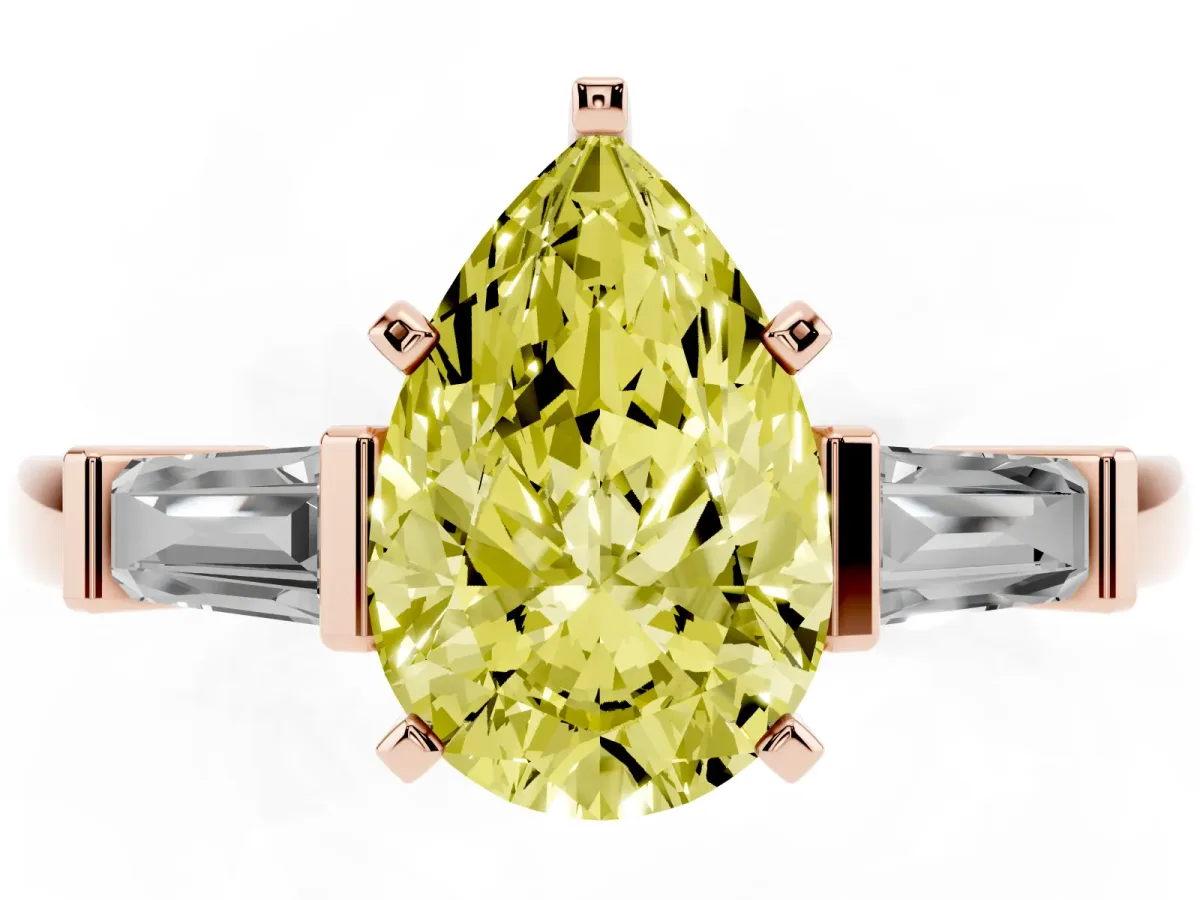 Fancy Yellow Pear Cut Cut Diamond Solitaire Ring with Tapered Baguette Accents and Four-Prong Setting Rose gold