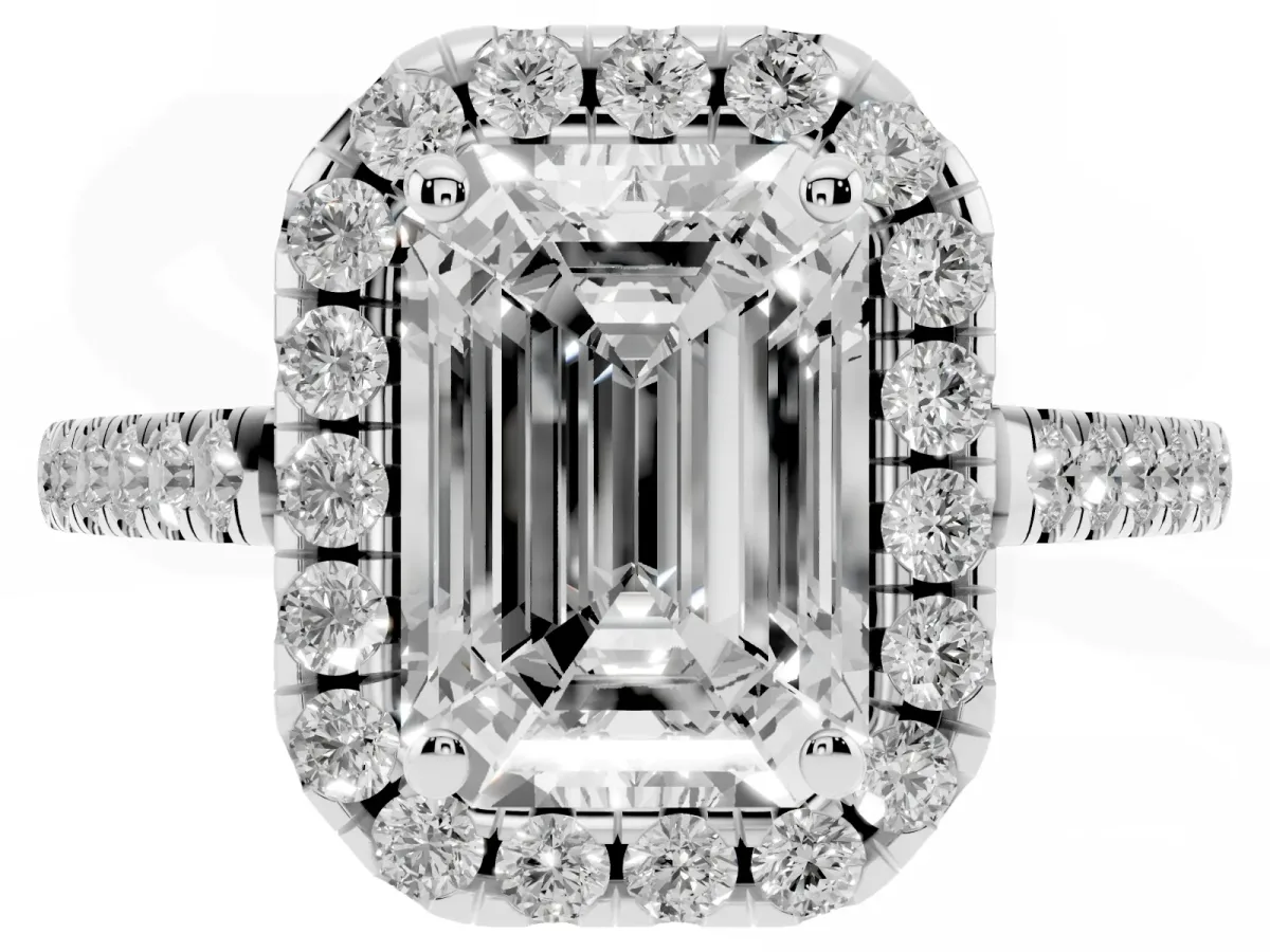 Emerald Cut Halo Pavé Diamond Engagement Ring with Four-Prong Setting Platinum