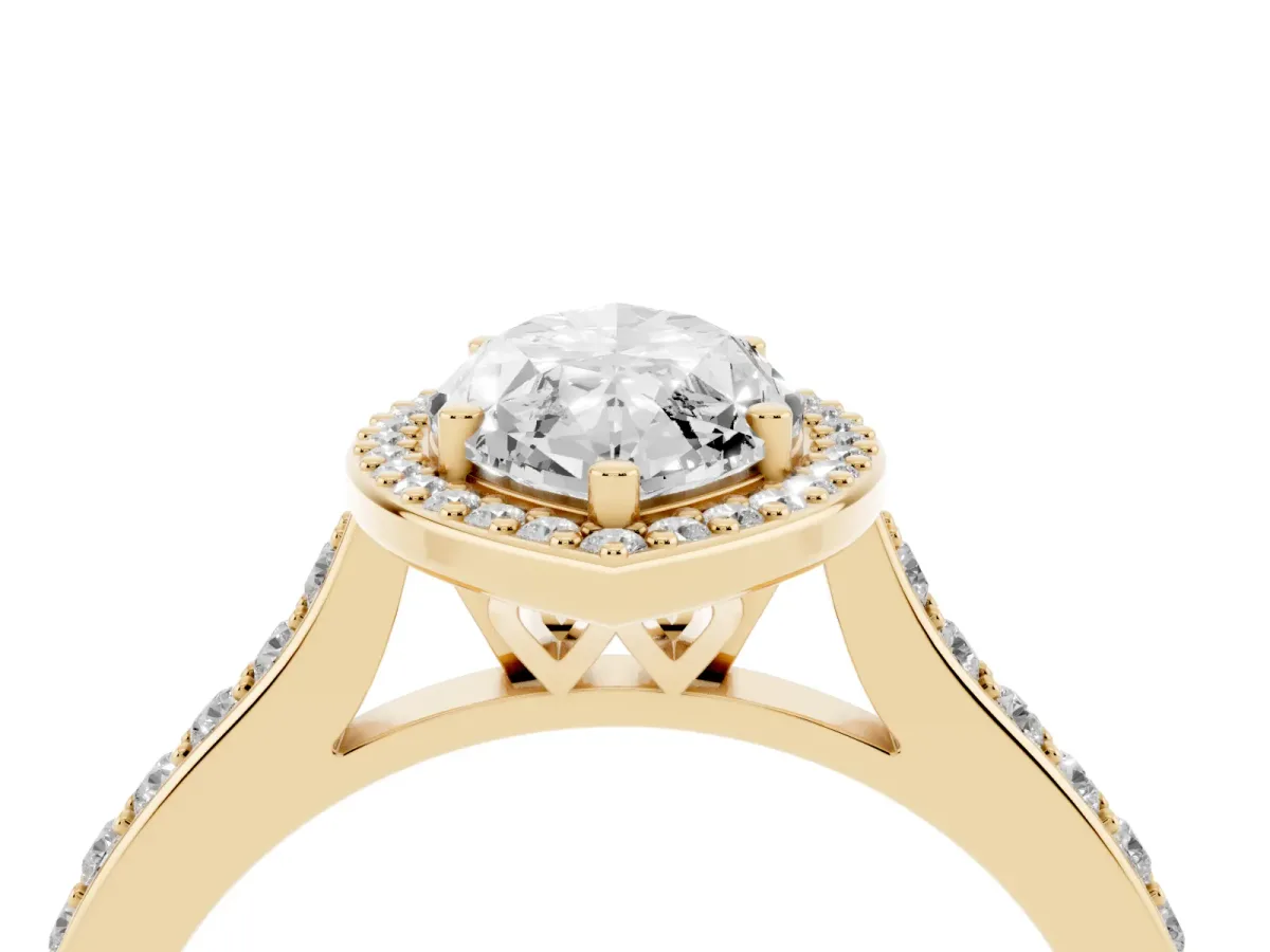 Marquise Cut Diamond Halo Engagement Ring with Round Pavé Shoulders and Prong Setting Yellow gold