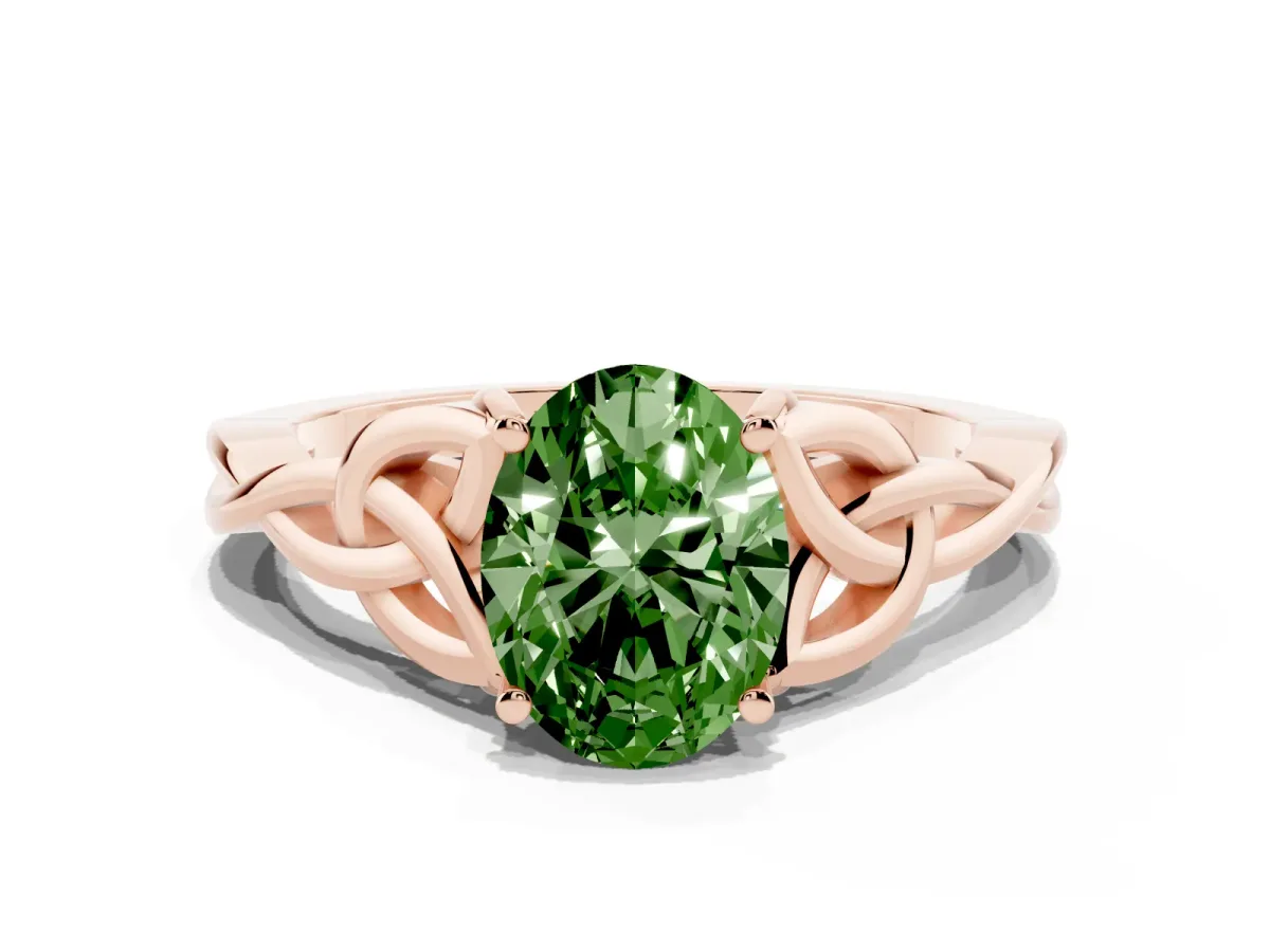 Fancy Green Oval Cut Diamond Solitaire Engagement Ring with Celtic Knot Band and Four-Prong Setting Rose gold