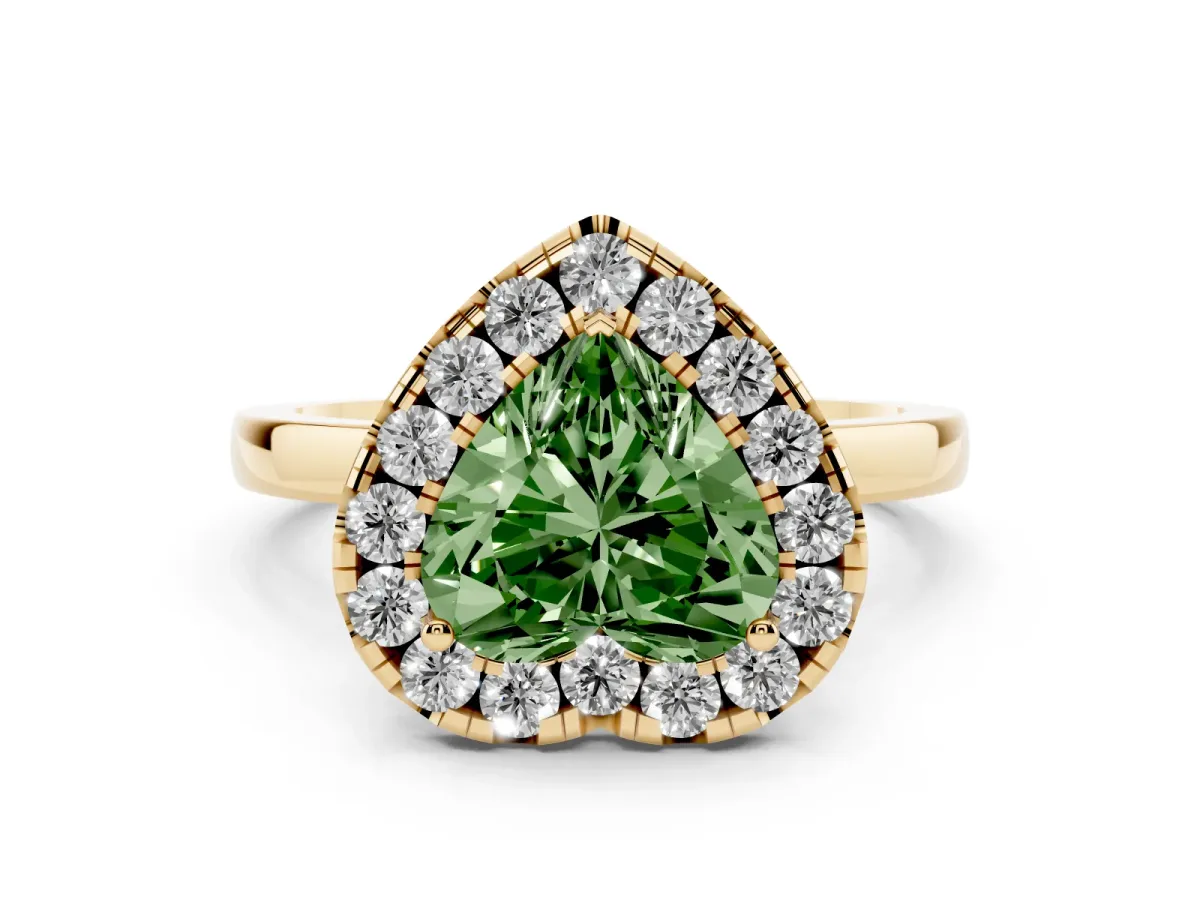 Fancy Green Heart Cut Halo Diamond Solitaire with Pavé Band and Four-Prong Setting Yellow gold