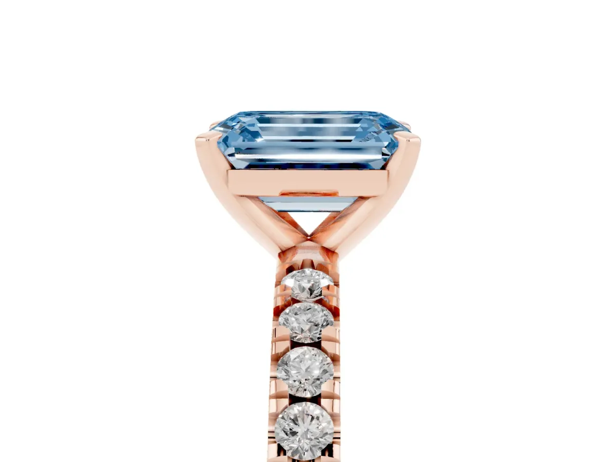 Fancy Blue Emerald Cut Diamond Pavé Band Solitaire with Four-Prong Setting Rose gold