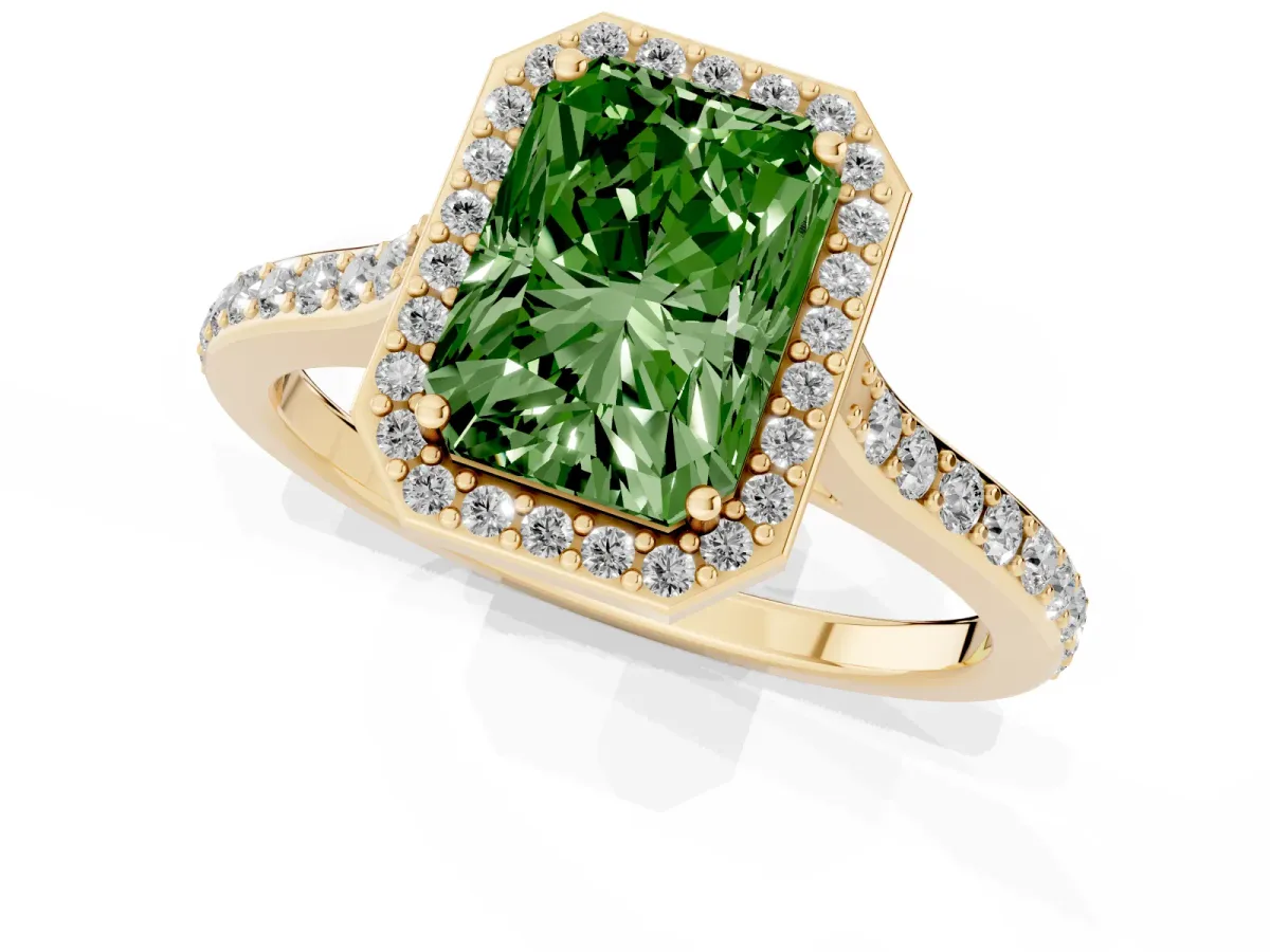 Fancy Green Radiant Cut Diamond Halo Engagement Ring with Round Pavé Shoulders and Prong Setting Yellow gold