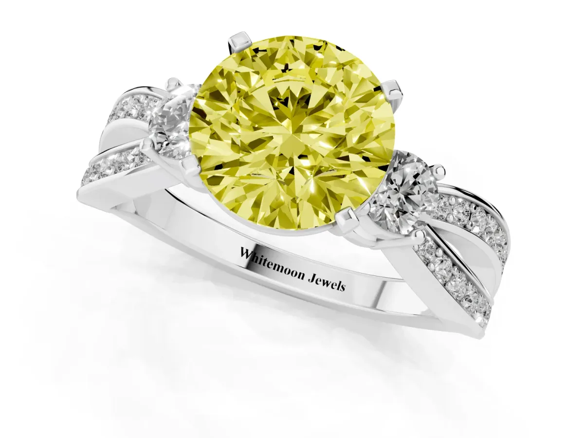 Fancy Yellow Three-Stone Round Cut Cut Diamond Twist Band with Prong Setting Platinum