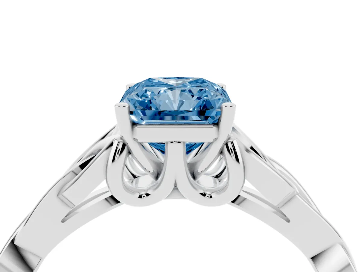 Fancy Blue Radiant Cut Diamond Solitaire Engagement Ring with Celtic Knot Band and Four-Prong Setting White gold