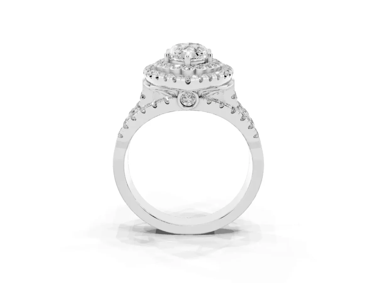 Marquise Cut Diamond Double Halo Ring with Round Pavé Split Shank and Prong Setting Silver