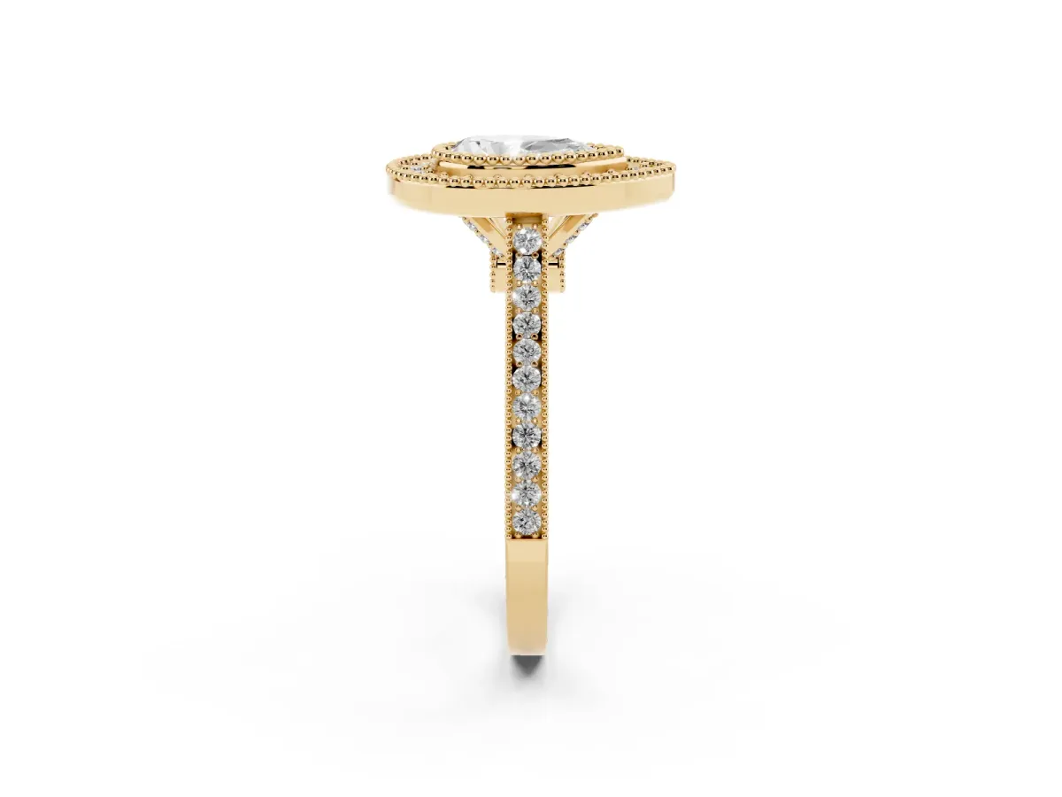 Pear Cut Diamond Halo Ring with Milgrain Frame and Pavé Band Yellow gold