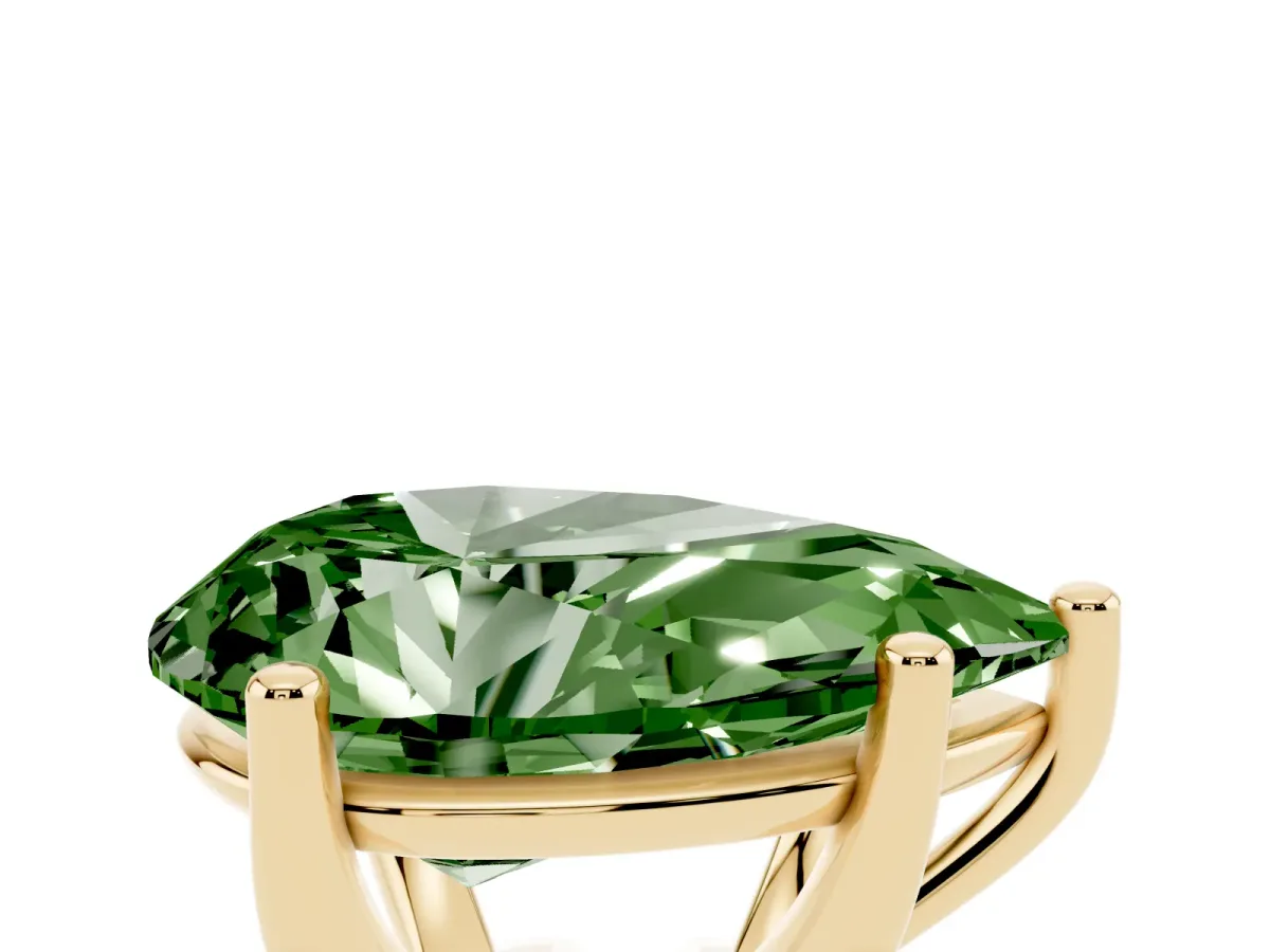 Fancy Green Pear Cut Cut Diamond Solitaire Engagement Ring with Tapered Plain Band and Four-Prong Setting Yellow gold