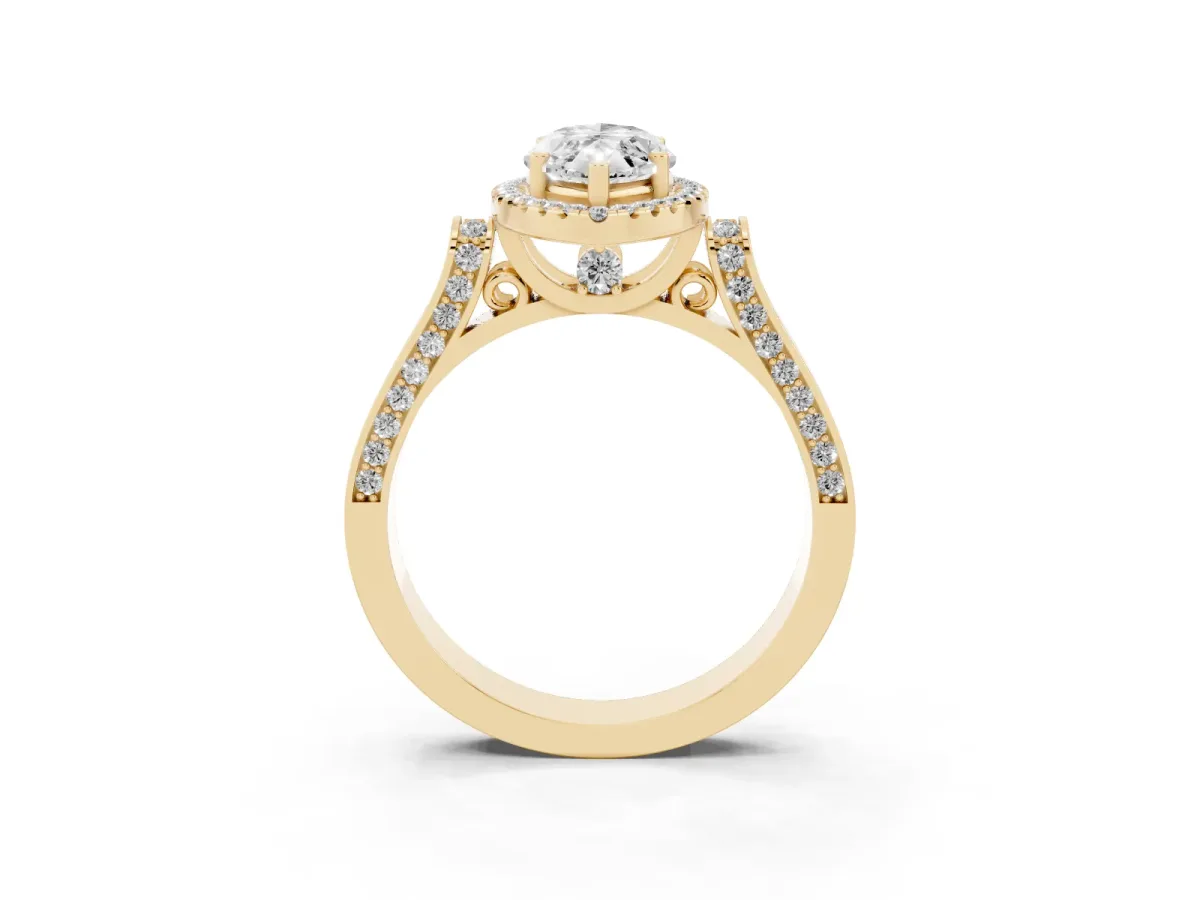 Marquise Cut Halo Round Diamond Twist Band with Four-Prong Setting Yellow gold