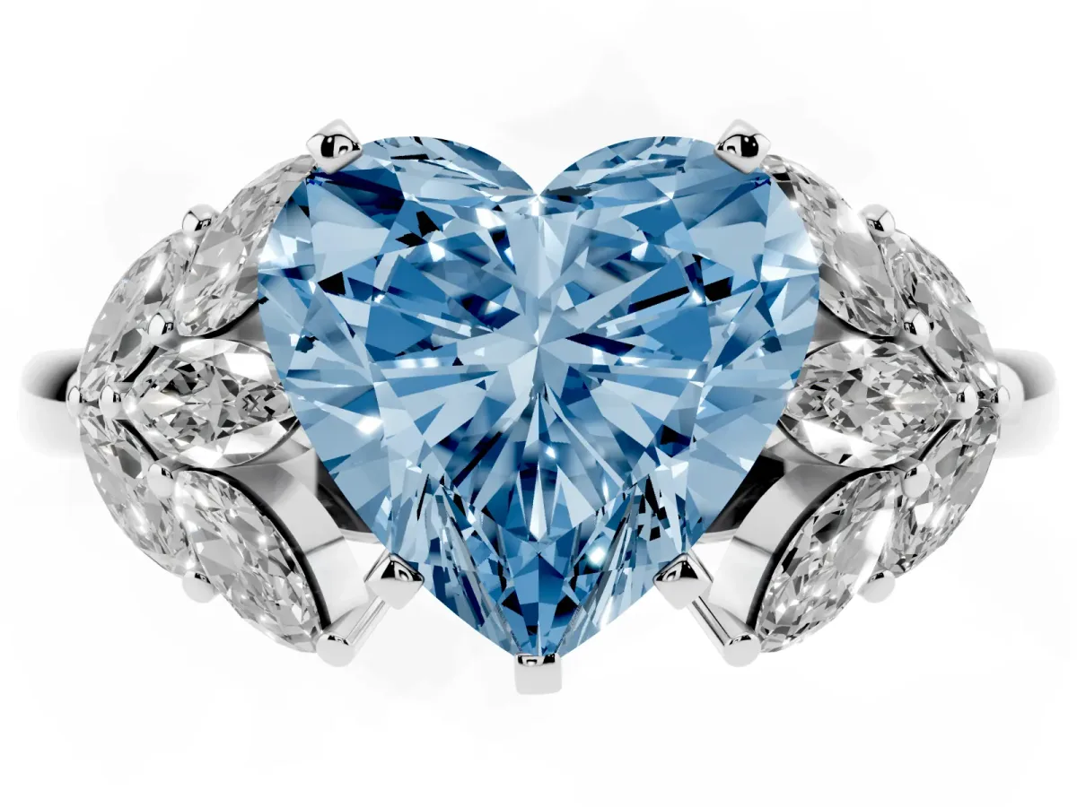 Fancy Blue Heart Cut Diamond Cluster Leaf Design Ring with Prong Setting Platinum