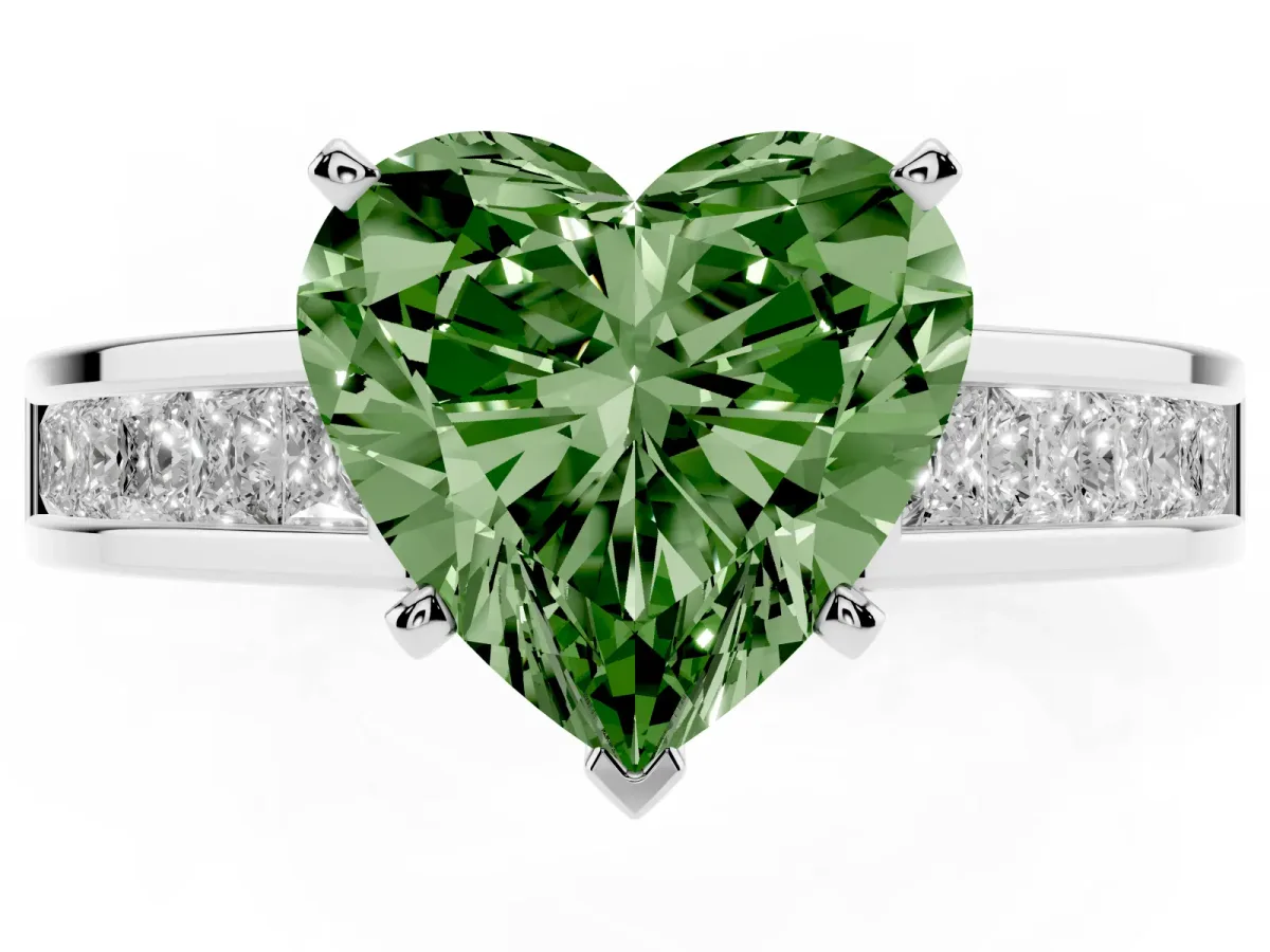Fancy Green Heart Cut Solitaire Diamond Ring with Channel-Set Band and Four-Prong Setting White gold