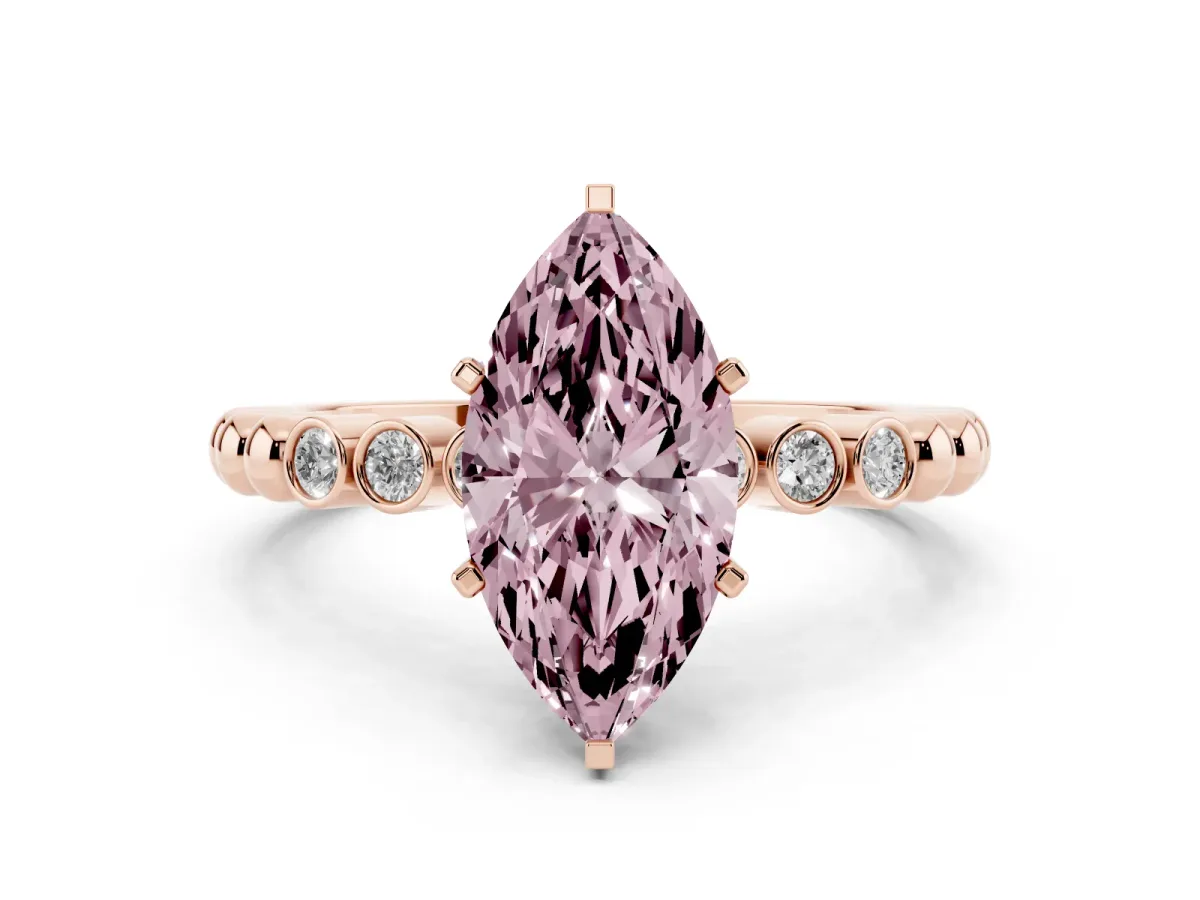 Fancy Pink Marquise Cut Solitaire Bezel Accent Diamond Engagement Ring with Beaded Band and Four-Prong Setting Rose gold