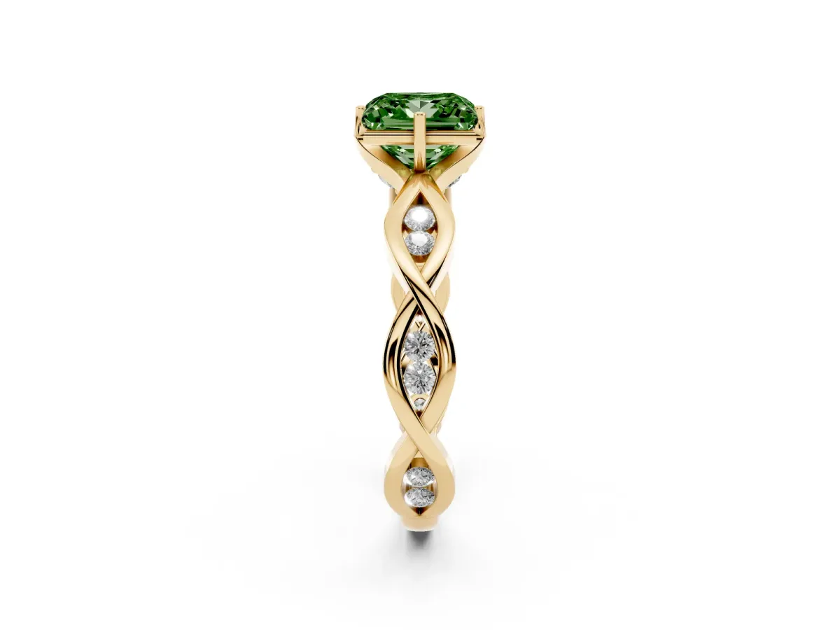 Fancy Green Princess Cut Solitaire Twist Band with Leaf Prong Setting Yellow gold