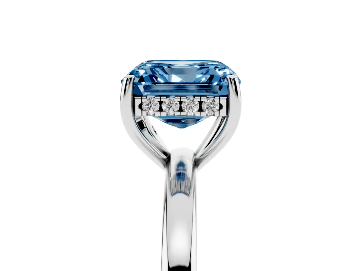 Fancy Blue Asscher Cut Solitaire Diamond Ring with Prong Setting and Plain Band Silver