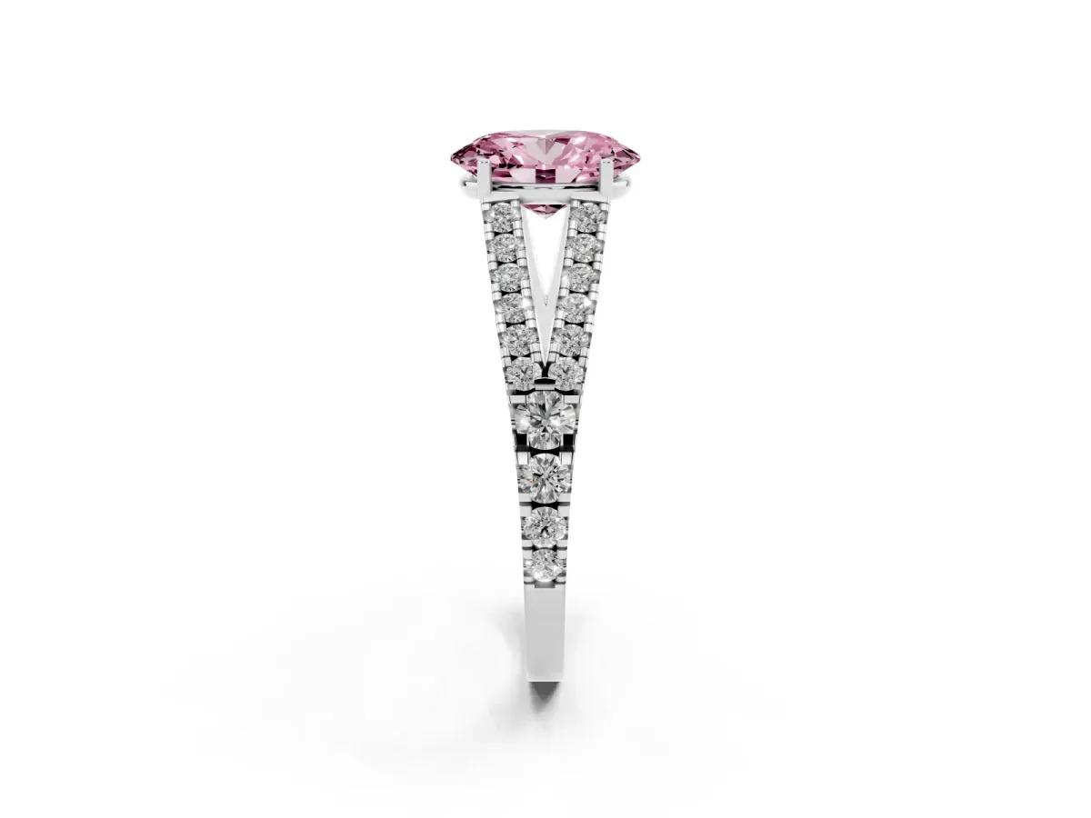 Fancy Pink Oval Cut Diamond Split Shank Pavé Engagement Ring with Four-Prong Setting White gold