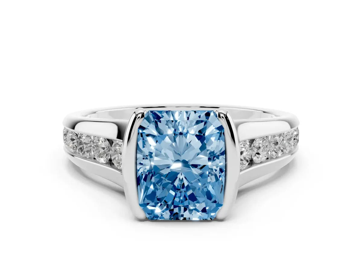 Fancy Blue Radiant Cut Solitaire Bezel-Set Diamond Ring with Channel-Set Band Silver
