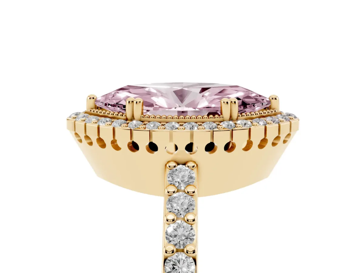 Fancy Pink Marquise Cut Cut Diamond Halo Engagement Ring with Milgrain Detail and Pavé Band Yellow gold