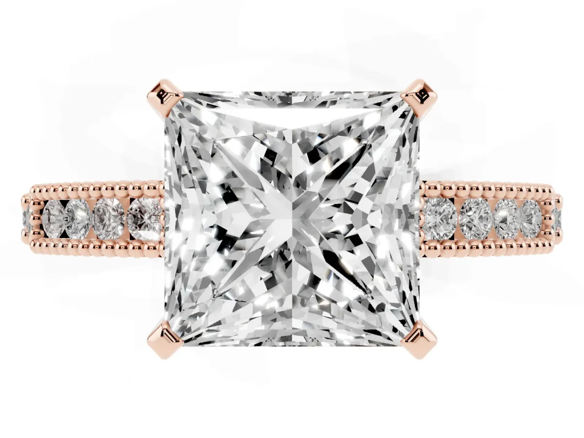 Princess Cut Solitaire with Pavé Band and Four-Prong Setting Rose gold