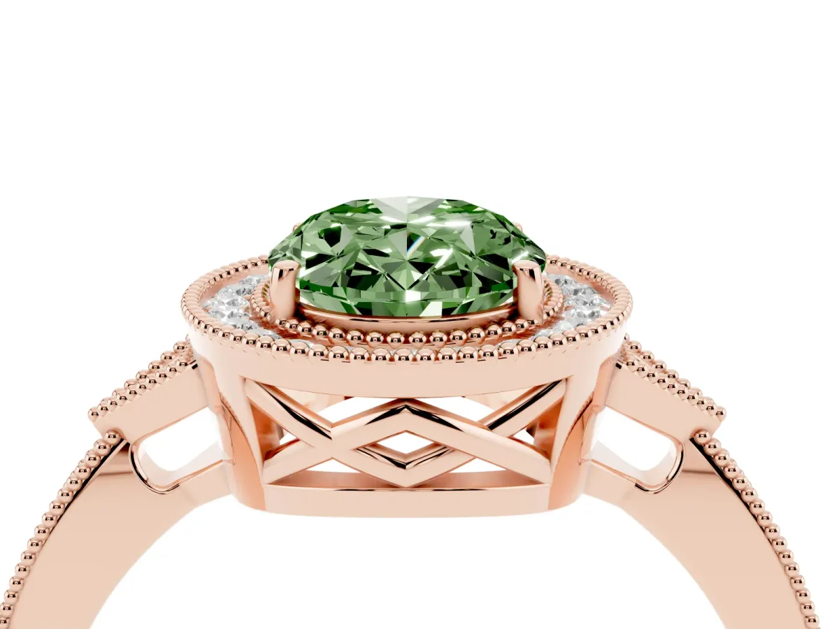 Fancy Green Oval Cut Halo Round Diamond Milgrain Pave Engagement Ring Rose gold