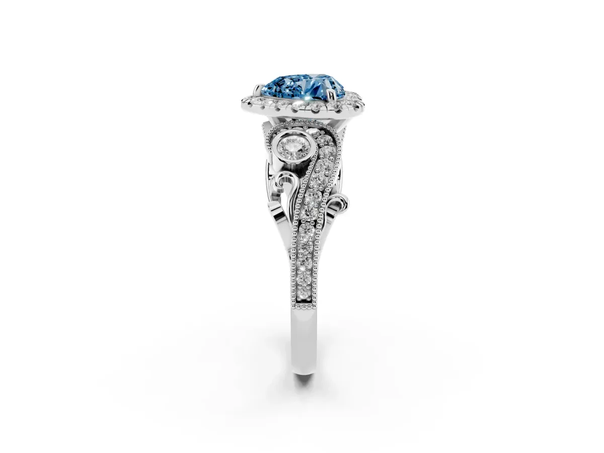 Fancy Blue Heart Cut Diamond Halo Ring with Milgrain Pavé Band and Four-Prong Setting White gold