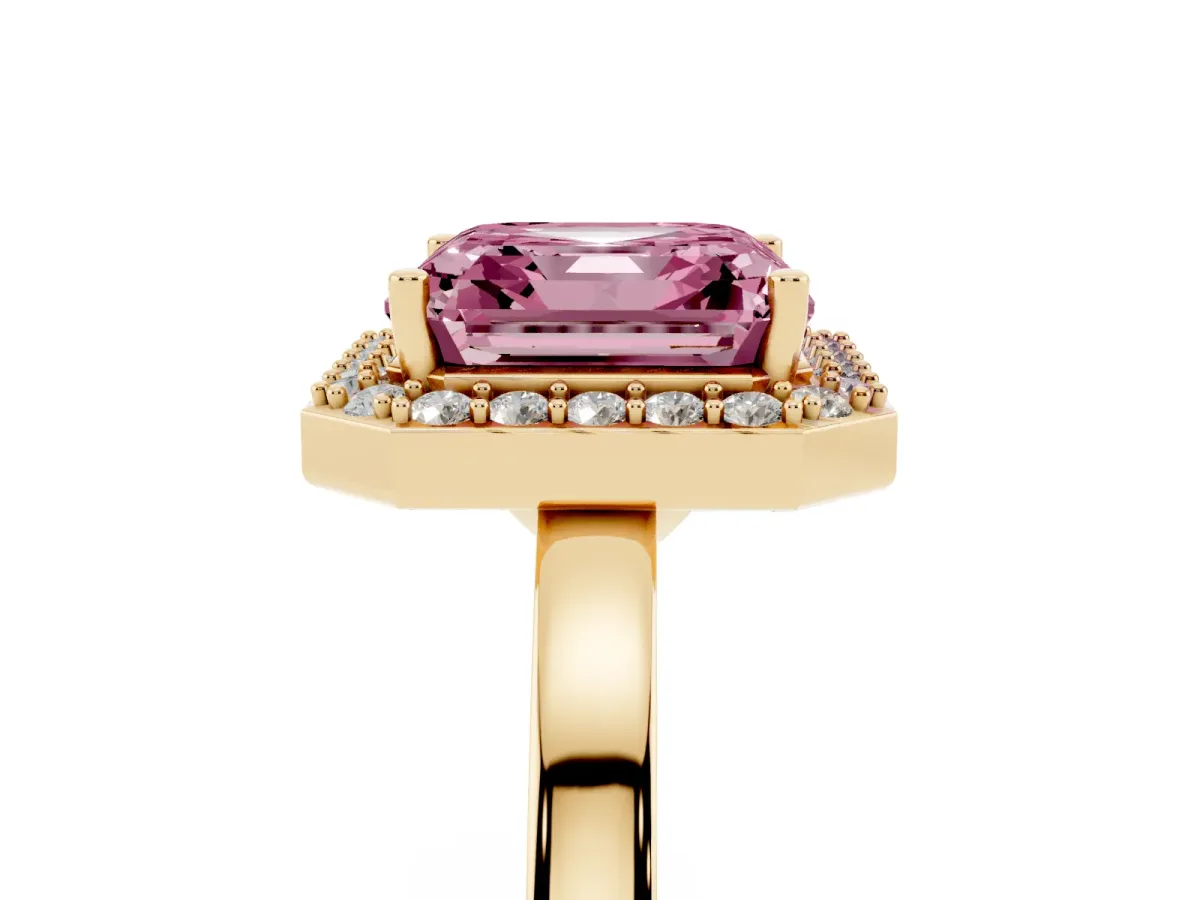 Fancy Pink Asscher Cut Halo Diamond Ring with Solitaire Band and Prong Setting Yellow gold