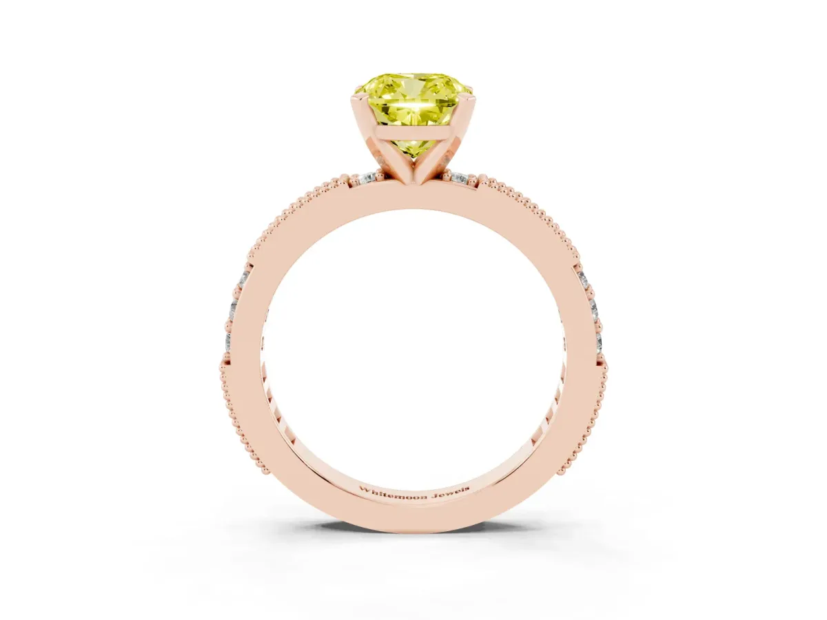 Fancy Yellow Cushion Cut Solitaire with Pavé Band and Four-Prong Setting Rose gold