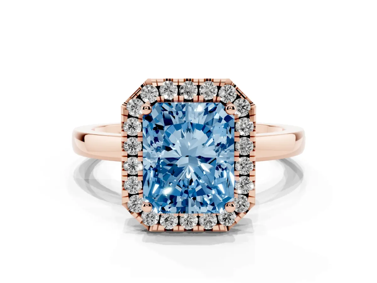 Fancy Blue Radiant Cut Halo Diamond Solitaire with Pavé Band and Four-Prong Setting Rose gold