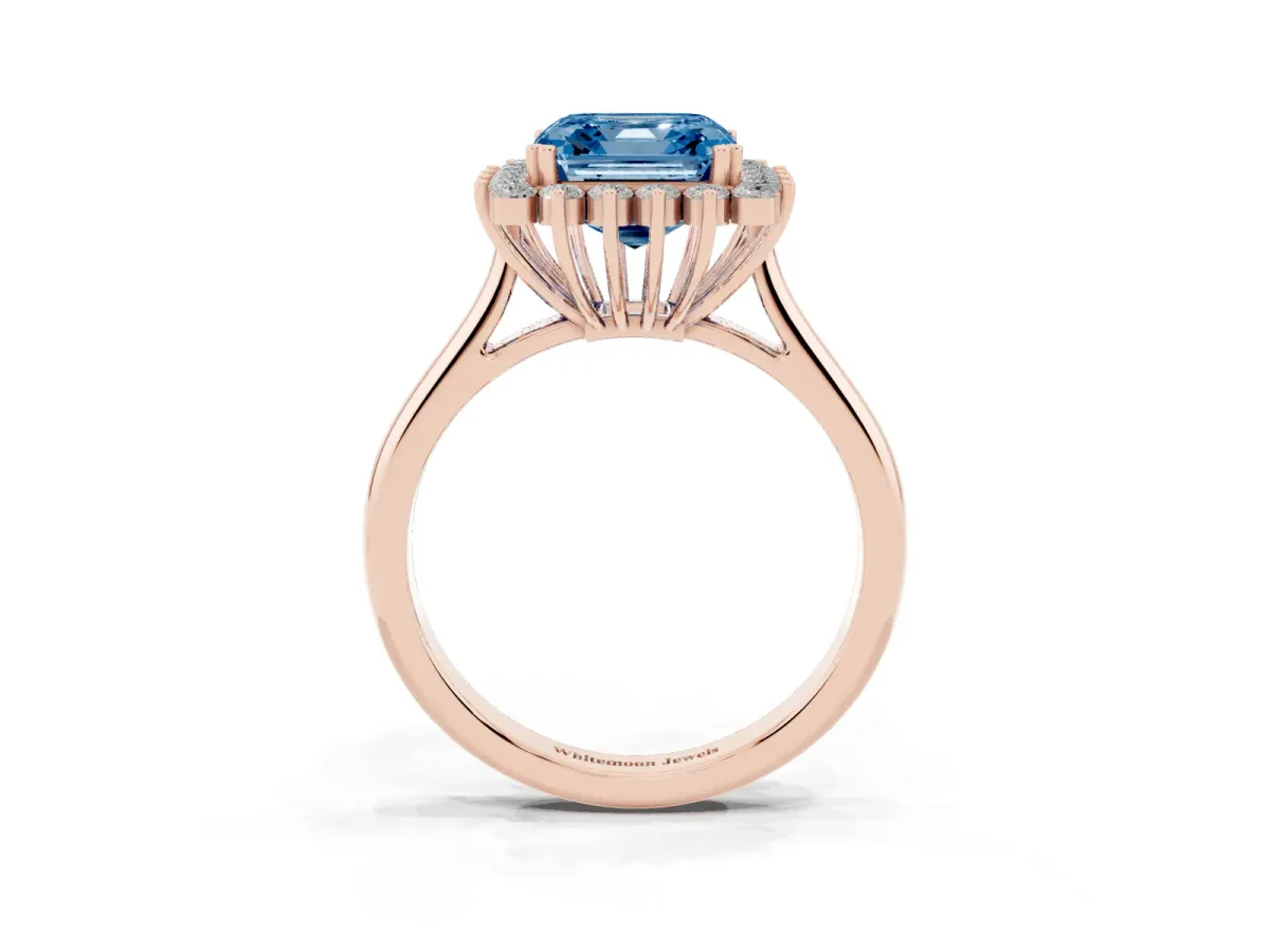 Fancy Blue Asscher Cut Cut Diamond Halo Ring with Solitaire Band and Prong Setting Rose gold
