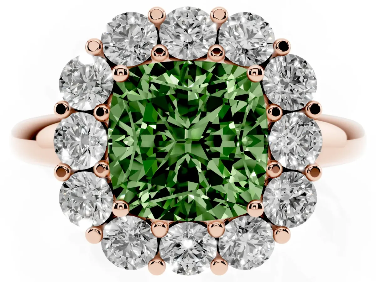 Fancy Green Cushion Cut Halo Cluster Diamond Engagement Ring with Prong Setting and Polished Band Rose gold