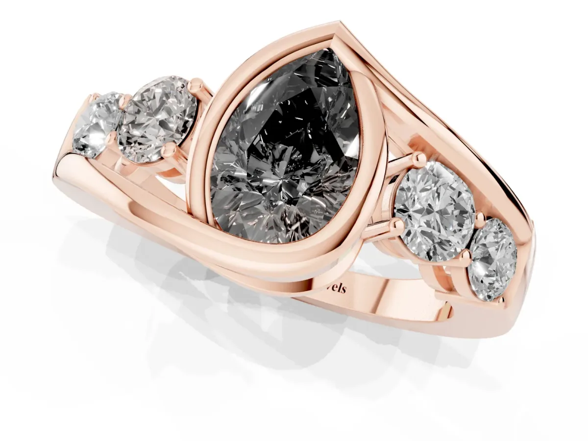 Fancy Black Bezel Set Pear Cut Diamond Bypass Ring with Round Accents Rose gold