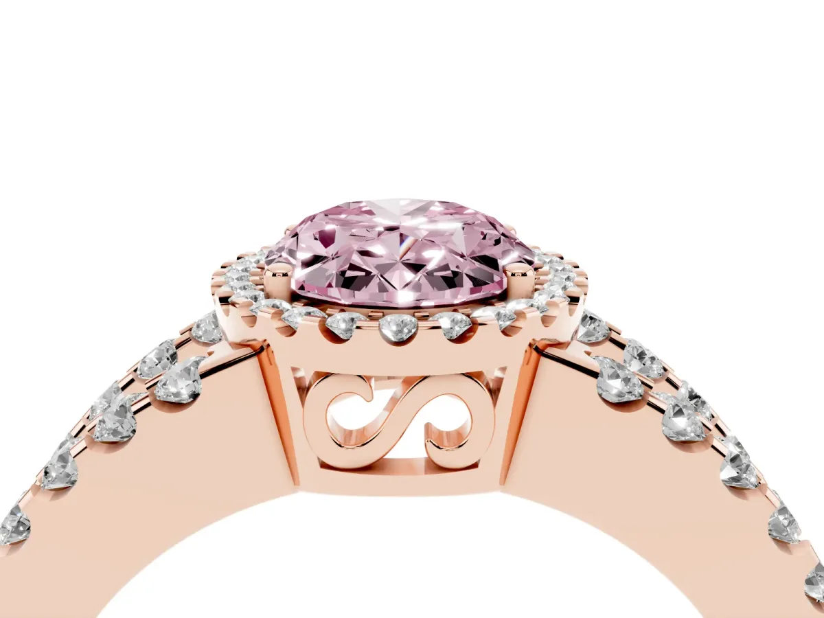 Fancy Pink Oval Cut Cut Halo Split Shank Diamond Ring with Four-Prong Setting Rose gold