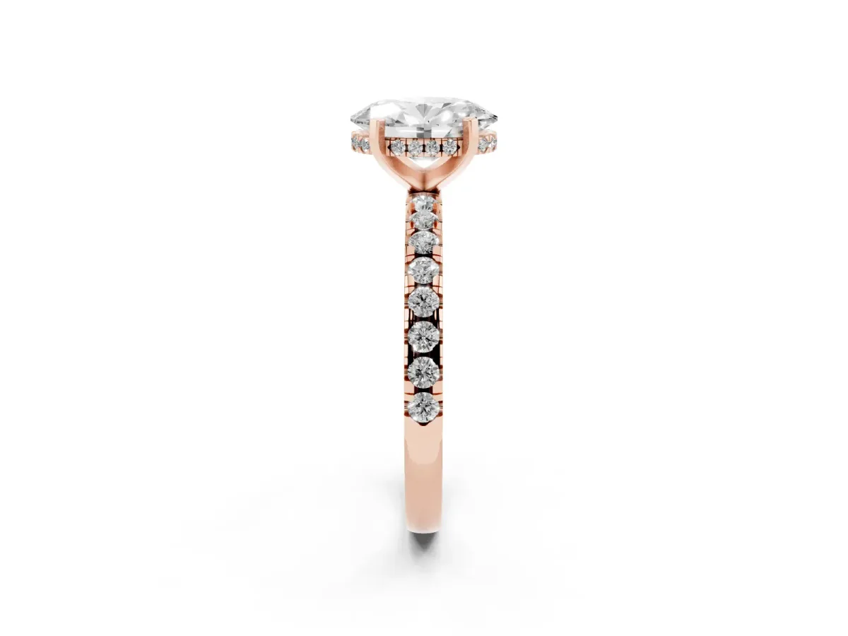 Oval Cut Diamond Solitaire Ring with Round Pavé Band and Four-Prong Setting Rose gold