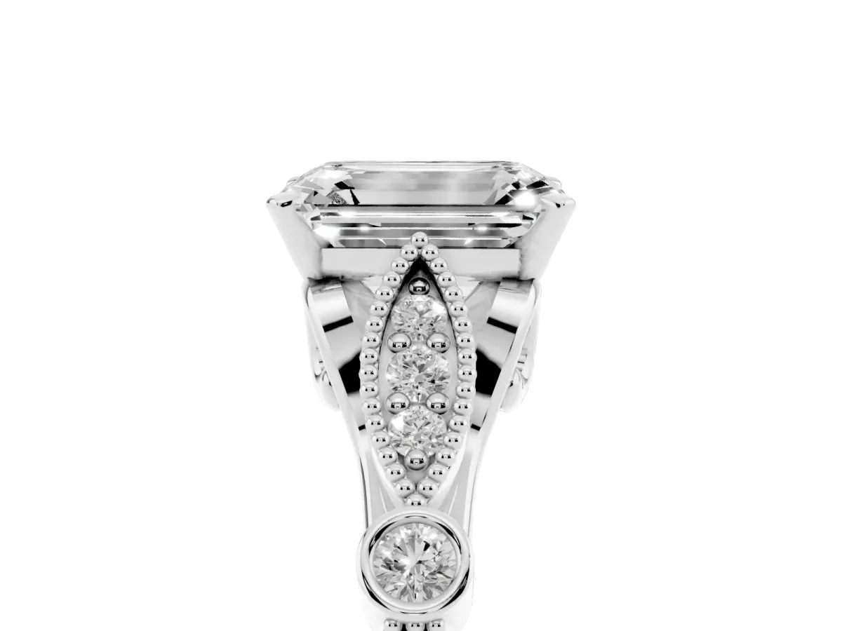 Emerald Cut Cut Diamond with Milgrain Marquise and Bezel Accents on a Solitaire Band with Prong Setting Silver