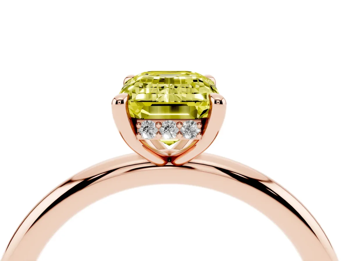 Fancy Yellow Emerald Cut Diamond Solitaire Ring with Thin Band and Four-Prong Setting Rose gold