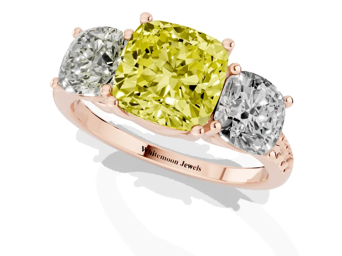 Fancy Yellow Three-Stone Cushion Cut Diamond Ring with Round Pavé Band and Prong Setting Rose gold
