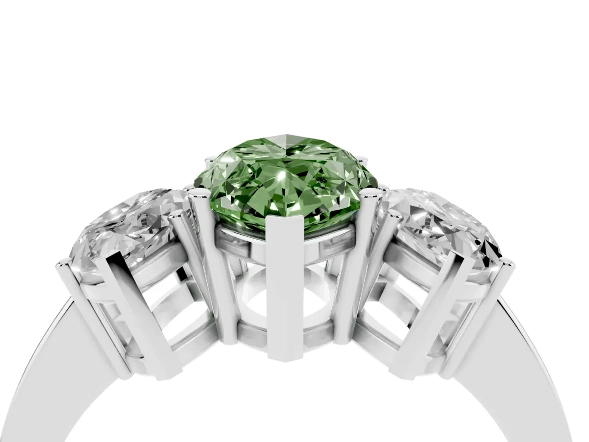 Fancy Green Three-Stone Marquise Cut Cut Diamond Engagement Ring with Flat Band and Four-Prong Setting Silver