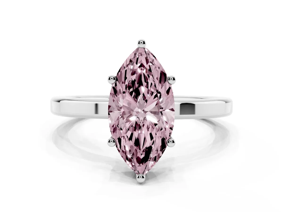 Fancy Pink Marquise Cut Cut Solitaire Engagement Ring with Four-Prong Setting on a Classic Band Silver