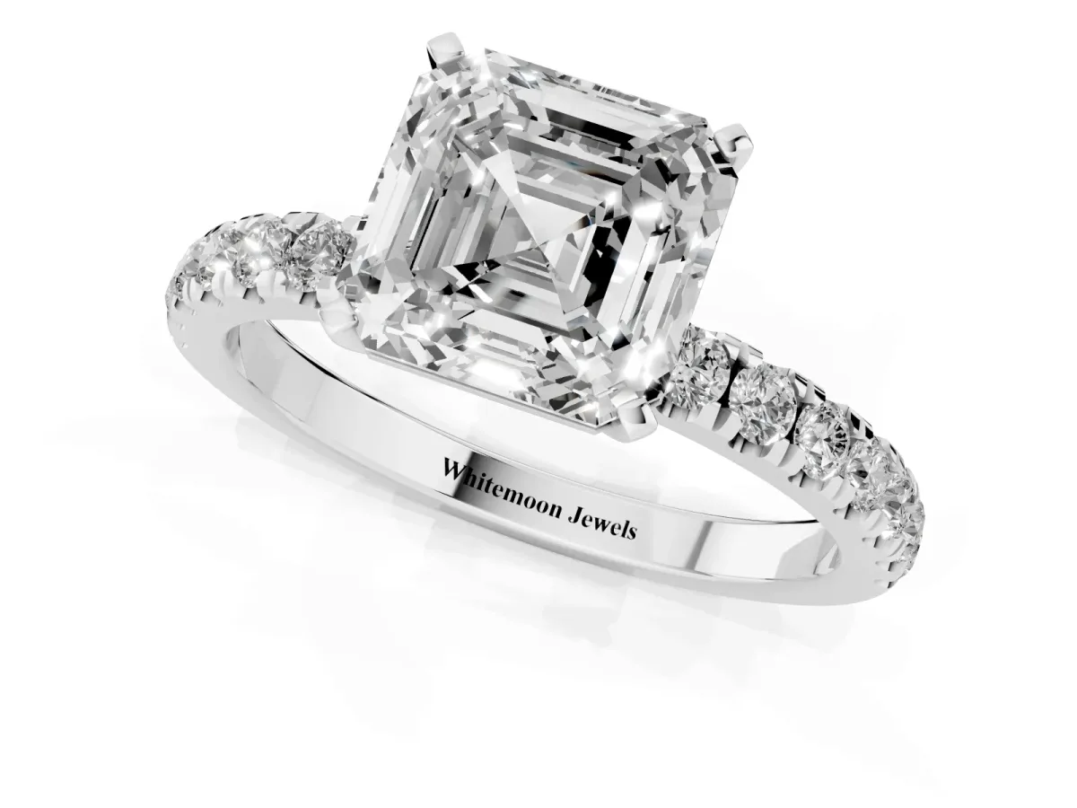 Asscher Cut Diamond Solitaire Ring with Pavé Accents and Four-Prong Setting Silver