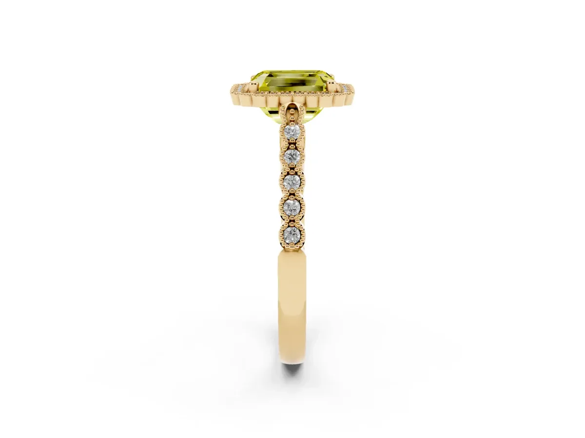 Fancy Yellow Radiant Cut Cut Halo Pavé Solitaire Ring with Milgrain Band Yellow gold