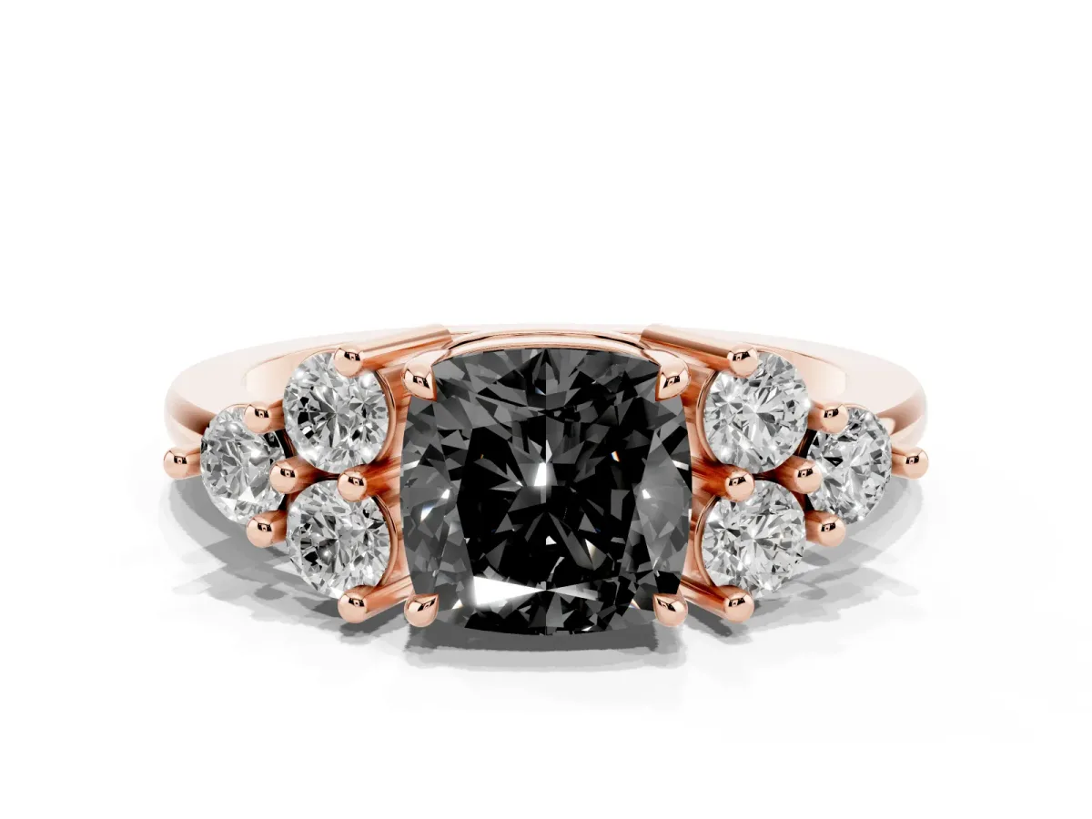 Fancy Black Cushion Cut Brilliant Diamond Cluster Accent Solitaire Ring with Prong Setting Rose gold