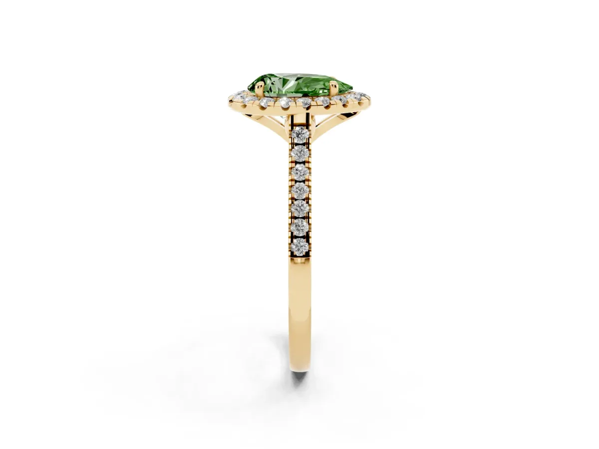 Fancy Green Pear Cut Diamond Cushion Halo Ring with Pavé Band Yellow gold