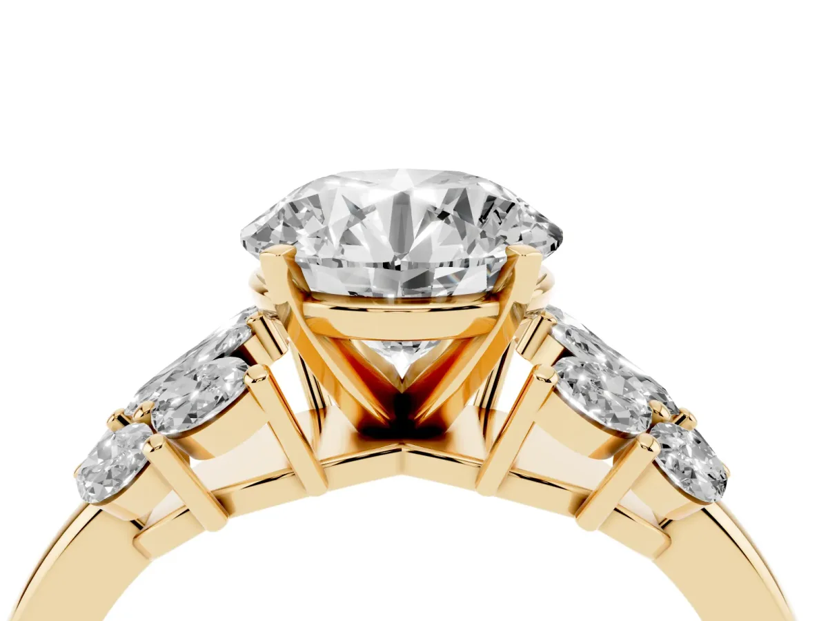 Round Cut Diamond Cluster Leaf Design Ring with Prong Setting Yellow gold