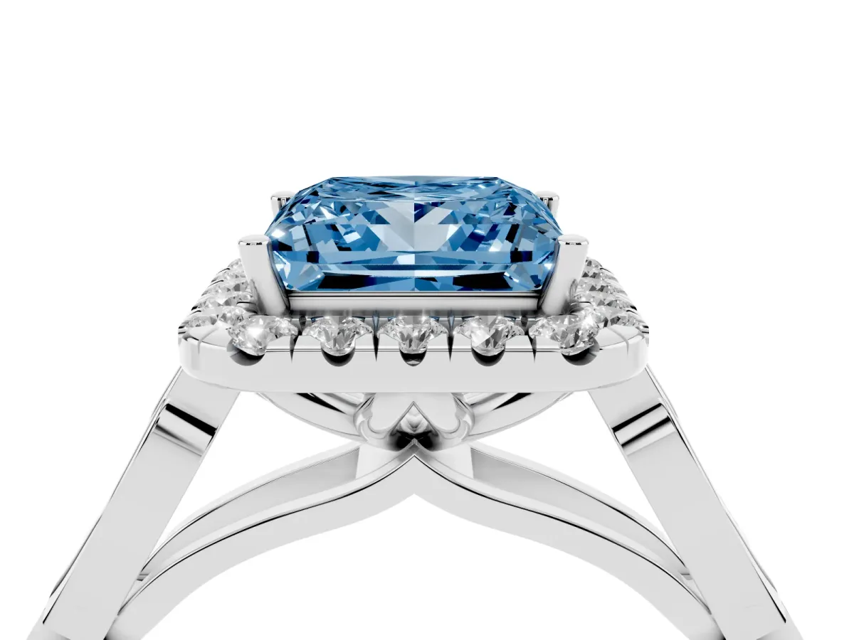 Fancy Blue Princess Cut Halo Diamond Engagement Ring with Filigree Band and Four-Prong Setting Silver