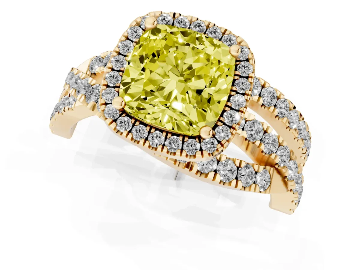 Fancy Yellow Cushion Cut Diamond Halo Ring with Round Split Shank and Prong Setting Yellow gold