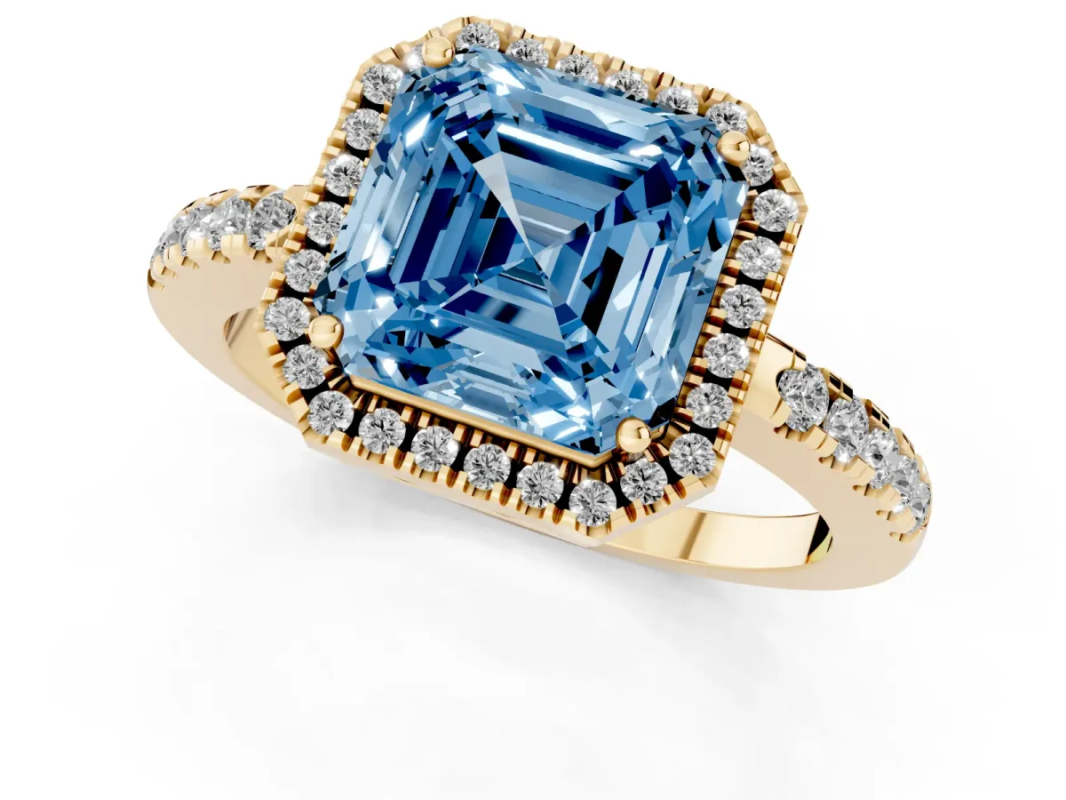 Fancy Blue Asscher Cut Halo Diamond Engagement Ring with Pavé Band and Four-Prong Setting Yellow gold