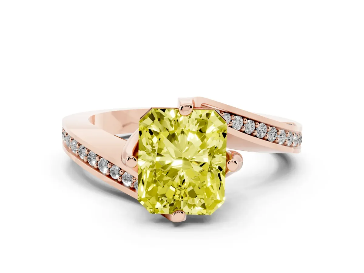 Fancy Yellow Radiant Cut Solitaire Diamond Twist Band with Pavé Setting and Four-Prong Setting Rose gold