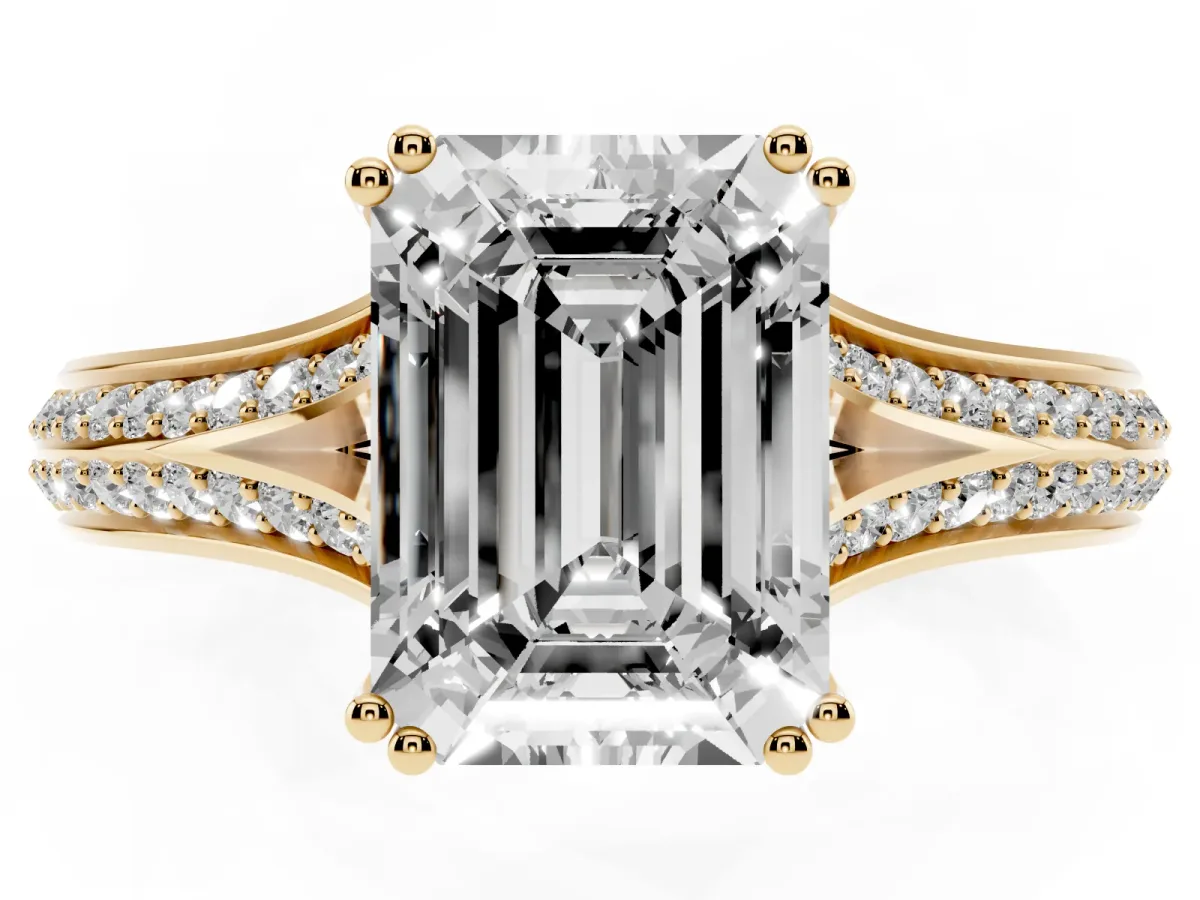 Emerald Cut Diamond Split Shank Engagement Ring with Pavé Band Yellow gold