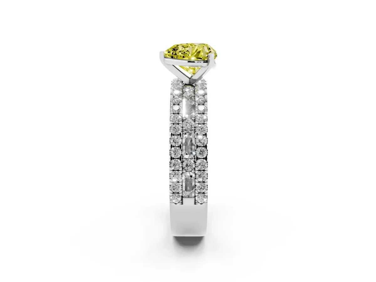 Fancy Yellow Heart Cut Diamond Solitaire Ring with Pavé and Channel Set Band Platinum